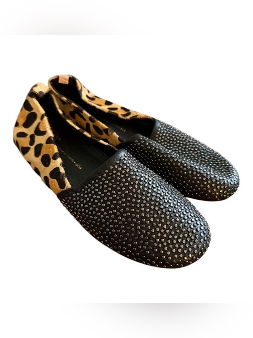House of Harlow Flats Leopard Calf Hair Stud Kye Loafer Womens Sz 41 Black Brown